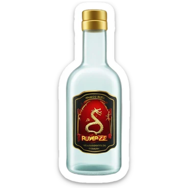 clear bottle of rumpleminze clear alcohol with a label that black with red border and font that has a small gold dragon on the label that says “RUMPZ” sticker