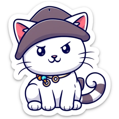 pirate cat with tricorn hat, beads in fur, mischievous expression sticker