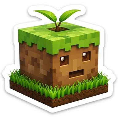 A 3D Apple-style emoji of a Minecraft grass block, cubic shape, with bright green grass on top and brown soil with pixel texture on the sides, simple and cute cartoon design. sticker