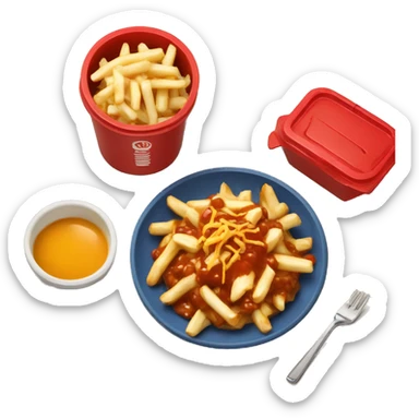 Poutine with red container add cheese and gravy sticker
