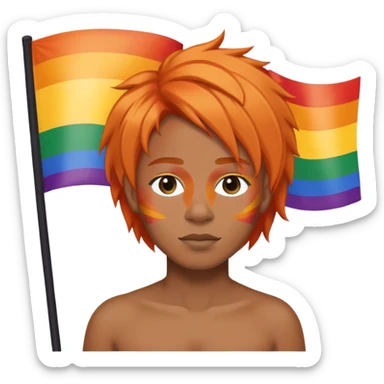 Black emojie with orange hair and he is fat with a pride flag sticker