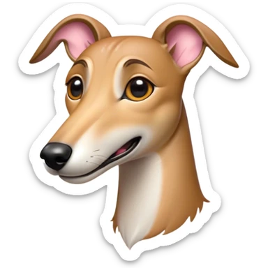 Cinematic Comical Fawn Greyhound Portrait Emoji, Head tilted dramatically with an exaggeratedly amused expression, featuring a striking fawn Fur with subtle elegance, wide, expressive eyes filled with playful disbelief, Simplified yet hilariously expressive features, highly detailed, glowing with a slightly sassy glow, high shine, dramatic yet playful, stylized with an air of cheeky charm, bright and endearing, soft glowing outline, capturing the essence of a spirited and over-the-top racer, so meme-worthy it feels like it could side-eye its way into internet fame instantly! sticker