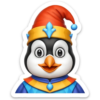 crazy colorful cute penguin jolly joker, medieval, vintage, court jester, mac os icon, blue color sticker