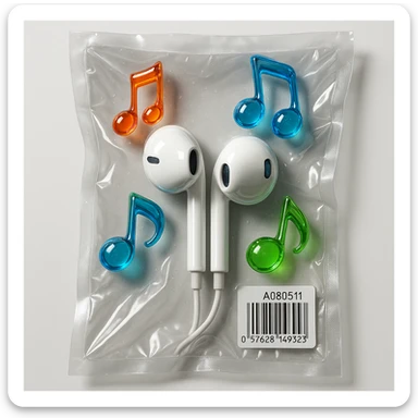 white EarPods headphones with three distinct colorful glassy music notes floating nearby, shiny and inflated sticker
