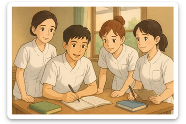 Groupe de quatre étudiants infirmiers, style Ghibli, en train de collaborer à l'intérieur. Uniformes blancs, manches courtes, tuniques col en V, poche poitrine à gauche, avant-bras nus, pas de pied de col ni stéthoscopes, cheveux longs attachés pour celles qui en ont. Visages inspirés des quatre photos jointes. sticker