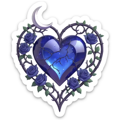 gothic heart with a large crack repaired by metallic thread, midnight blue glass, silver crescent moon, black roses, stardust, lightning, rain, minimal dark style sticker