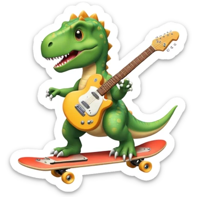 Dinosaur skateboarding with a guitar sticker