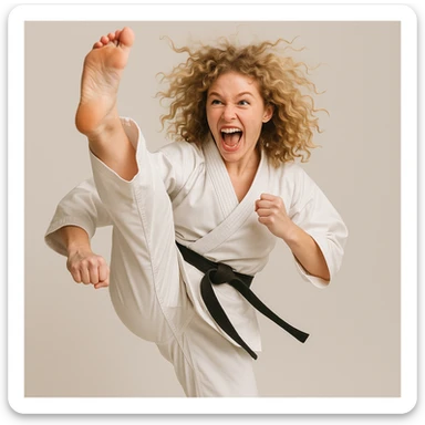 blonde curly haired woman doing a karate kick into the air, dynamic pose, energetic expression, simple background sticker