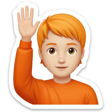 say hi with arm and hand. clothes with orange sticker