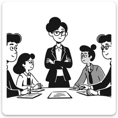 Executive employer at head of meeting table with team sticker