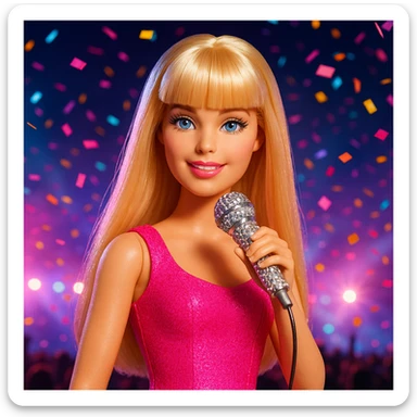 Pretty and girly Blonde pop star with bangs, holding a bedazzled microphone, reimagined as a Barbie doll, with a nighttime concert backdrop with colorful confetti sticker