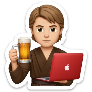 Anakin skywalker holding a beer and a macbook sticker