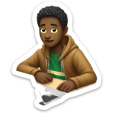 male student sitting at a school desk, a Chromebook with blanket wrapped around shoulders sticker