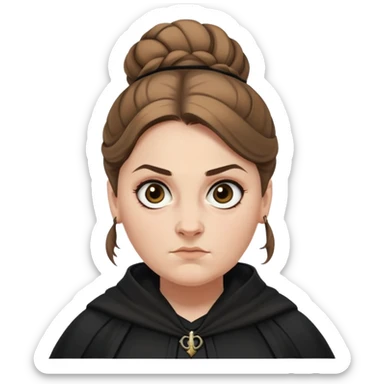 Alecto Carrow in harry potter, a white fat woman , one knot bun light brown hair, look evil, black cloak sticker