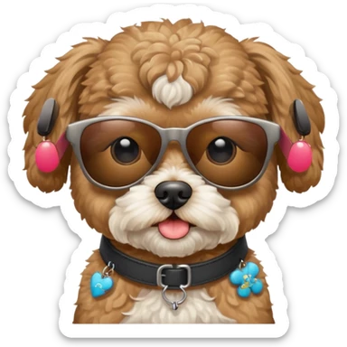 A chi tzu and poodle breed mixed that’s tan with sun glasses on sticker