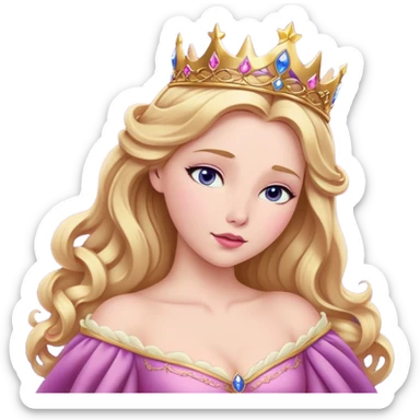 Cinematic Realistic Sleeping Beauty (Aurora) Portrait, with porcelain-like skin featuring a natural rosy flush, illuminated by soft lighting that highlights the gentle contours of her face. Her golden blonde hair flows in soft, detailed waves with subtle highlights that shimmer in the light. Her deep violet-blue eyes radiate warmth and innocence, framed by arched brows and long lashes. Her serene expression exudes quiet elegance. She is dressed in her classic pink gown, the fabric rich in texture with delicate folds that catch the light. A golden crown rests atop her head, gleaming with royal refinement. The portrait captures a soft, glowing aura, blending realism with an ethereal sense of beauty and timeless enchantment. sticker