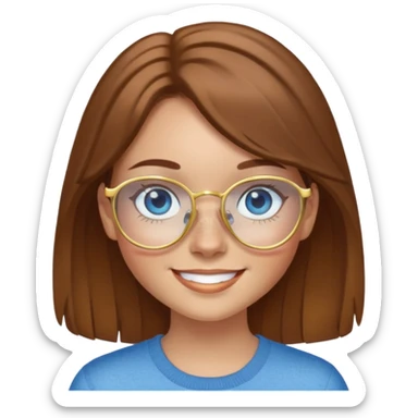Girl with light skin, brown hair, blue eyes, freckles, and gold glasses smiling sticker