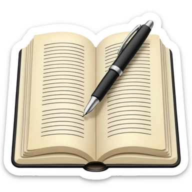 "A white open book,The pen should be positioned as placed exactly in the center between the pages.  if held by a right-handed person - meaning the direction is reversed compared to a left-handed grip. The pen should be uncapped, and the cap placed behind it." sticker