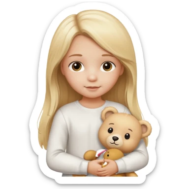 Blonde little girl, long hair, white long sleeve, with beige bear sticker