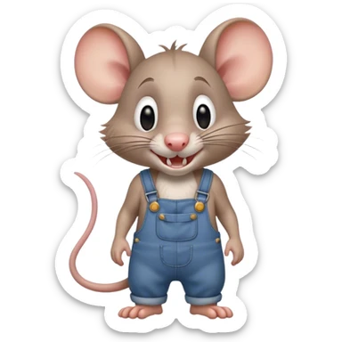 dizzy cartoon hillbilly rat wearing overalls no shirt. standing and talking full body. human eyes. teeth showing talking. telling story sticker