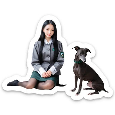 Slim Chinese girl with long black hair and her completely solid dark grey Italian greyhound in a cozy home setting, the dog has absolutely no white markings on face or nose, completely uniform grey color throughout sticker