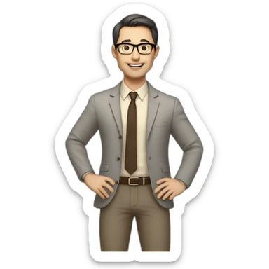 Full height Actively gesturing with hands Pale skinned fit man with dark brown hair in gray jacket, beige office shirt, brown tie, brown pants and vintage glasses. sticker