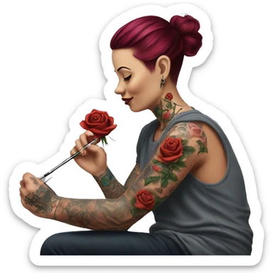 Tattoo artist tattooing a rose sticker