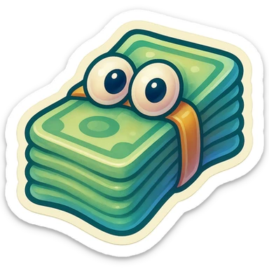 hyper-detailed retro 90's toy style soft plastic stack of cash held together with a rubber band, derpy eyes, no tag, soft reflections, soft and squishy, some cloudiness, not shiny, highly detailed, appealing sticker