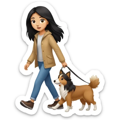 A girl with long black hair walking with a light brown collie sticker