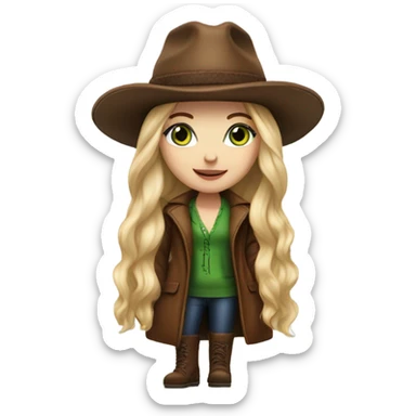 Realistic White girl with Long straight blonde hair, green eyes, tattoos, full body wearing Brown fur coat and fur hat and Brown leather boots sticker