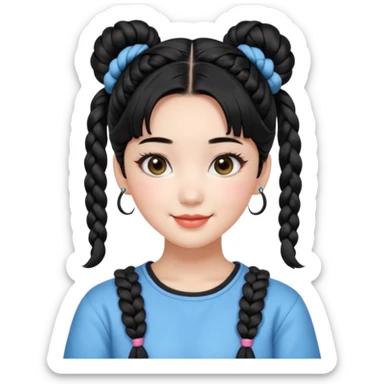 a beautiful girl face, wearing cute korean makeup, black hair, lower braided space buns with cute front bangs, kpop idol sticker
