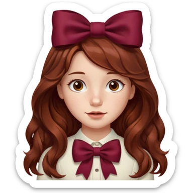 girl wavy long brown hair with a burgundy bow sticker