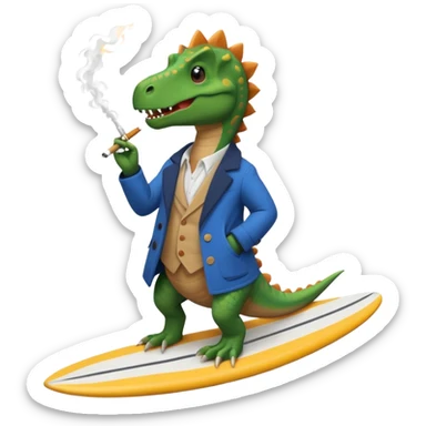 dinosual smokig a ciggerett while surfing wearing designer coat sticker