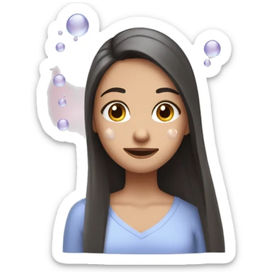 Brunette long straight hair girl washing face with bubbles sticker