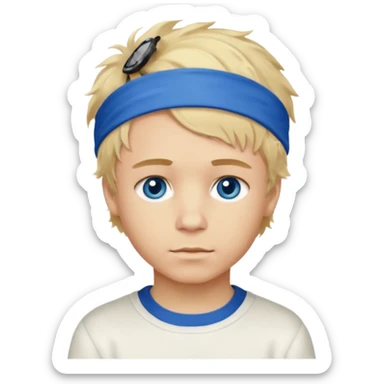 Create a look for a blond boy with long, tousled hair, light eyes, a white sweater, a wealthy appearance, blue eyes, and accessories like a Rolex or Cartier watch, and a cute face with messy hair down. blue eyes + headband white sticker