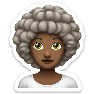 Cheveux bouclés, bruns foncés, longueur moyenne. Yeux marron vert. Visage ovale avec léger bouc. Expression légèrement sérieuse, sourcils froncés. T-shirt noir avec bandes blanches sur les épaules. Ajoute des AirPods. sticker