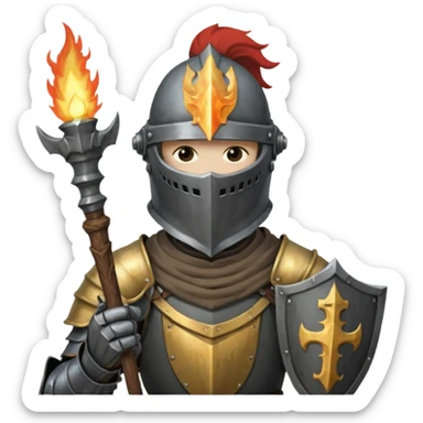 knight holding a short wooden torch in hand wearing darker, realistic iron armor, and a closed helmet fully covering the face in dark souls style sticker
