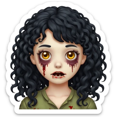 Emoji garota zombie com cabelo preto cacheado longo com franja cacheada sem volume sticker