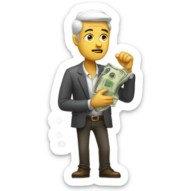 greedy standing man seeing money in his both hands sticker