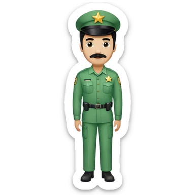 Chill guy in correctional officer green uniform. Full body. Black hair black mustache.  Light brown kin tone. Star badge  sticker