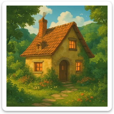 cozy cottage in a lush landscape with warm lighting in ghibli style sticker