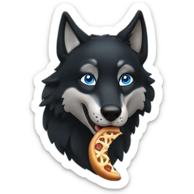 a full black wolf with blue eyes eating a bretzel sticker