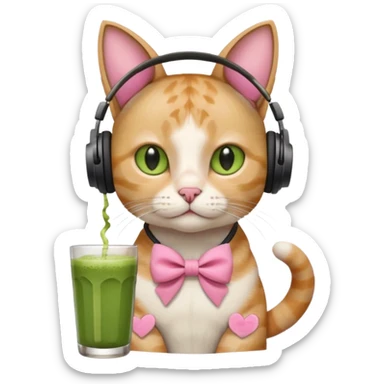 A cat wearing headphones with a glass of matcha, a pink bow on his ear sticker
