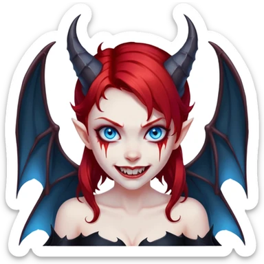 extremely diabolical girl with demonic bat wings, blood red hair, glowing blue eyes, black hellfire aura, sharp horns, evil grin sticker
