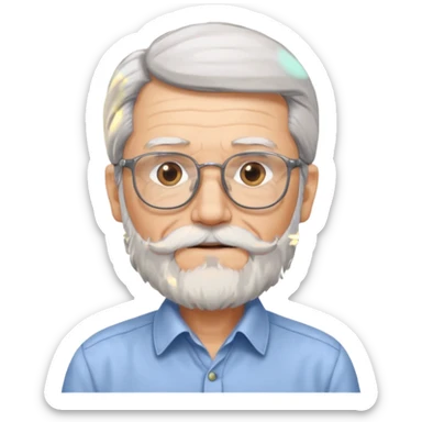 old man with long hair and beard wearing glasses with shirt sticker