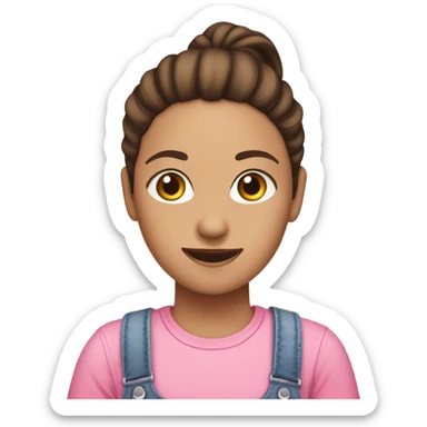 A white woman with brown hair in pony tail wearing pink headband, pink t shirt and overalls  sticker