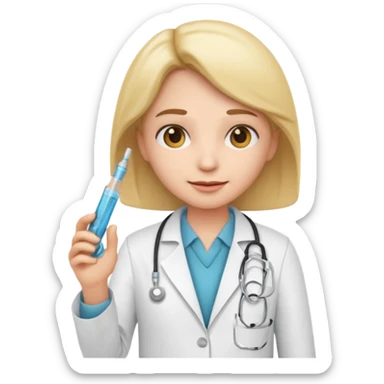 emoji comprando con traje de doctora con una jeringa en la mano sticker
