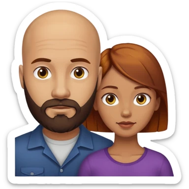 Couple. A bald man with dark brown beard and a girl with light skin. She has dark yellow brown auburn hair. Different skincolor. She has very light skin. sticker