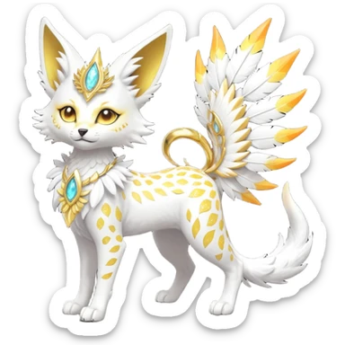 Epic complex fantasy glorious detailed futuristic divine godly angelic feathery sunny, white, albino, pastel, golden, orange glowing sparkly, realistic Fakémon-Sprigatito-Floragato-Meowscarada-Trico-Sergal-Serval-Solgaleo-Vernid-creature (full body) solarpunk, shiny sparkly with a gold laurel sticker