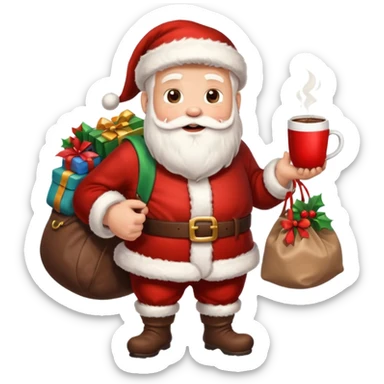 Санта клаус с мешком подарков за спиной и кружкой какао в руке sticker